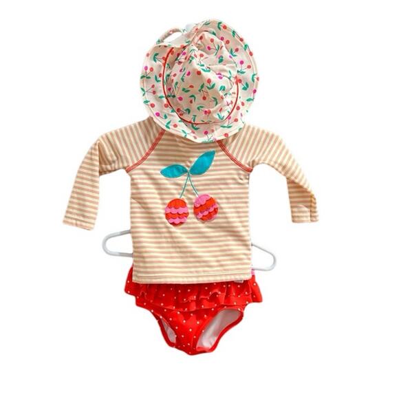 Baby Boden 3-Piece Hat Shirt Bottoms Cherry Rashguard Swimsuit Size 3-6mo 68cm - Picture 1 of 10